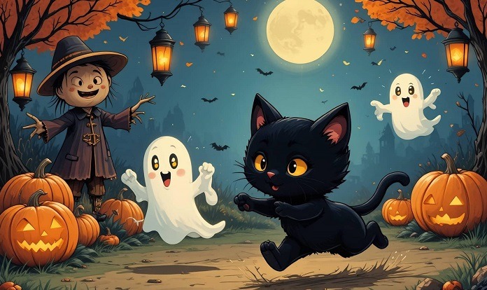 Világító töklámpás, kedves szellem és fekete macska egy holdfényes Halloween-éjszakán